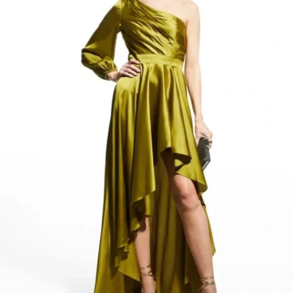 Ieena for Mac Duggal One Shoulder A-Line Long Sleeve High Chartreuse Satin Dress - Picture 15 of 15